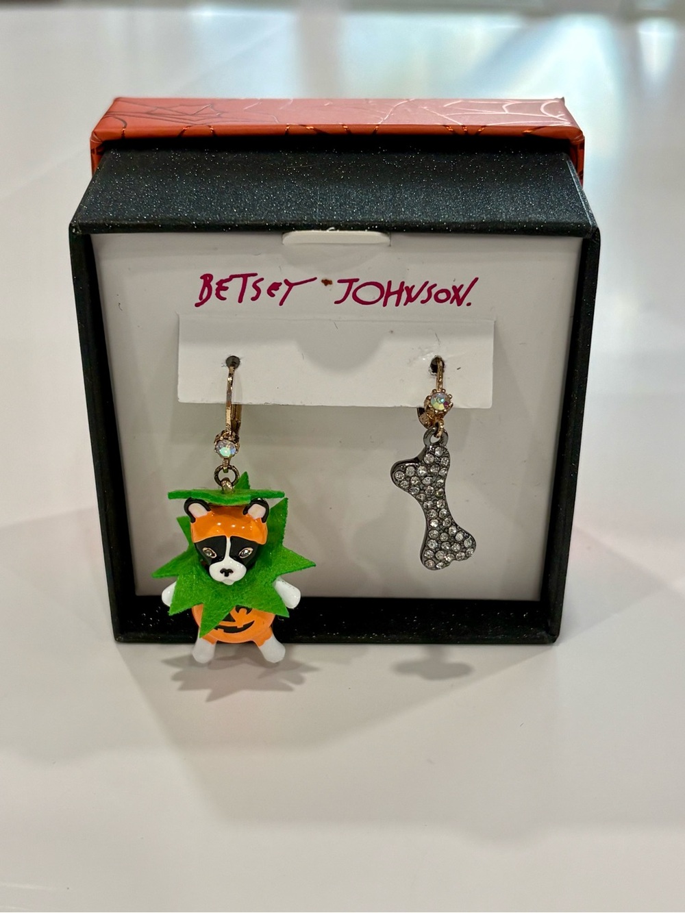 Betsey Johnson Pumpkin Dog and Bone Dangle Earrings NWT